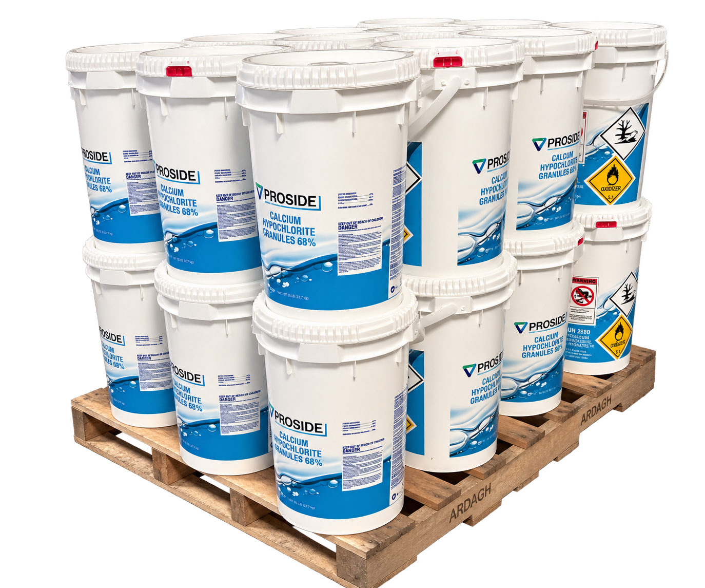 ProSide Cal Hypo 68% 50 lb pails on a pallet illustration