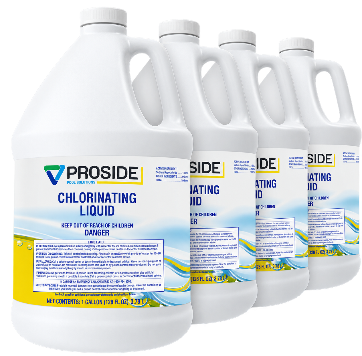 ProSide chlorinating liquid four one-gallon bottles illustration
