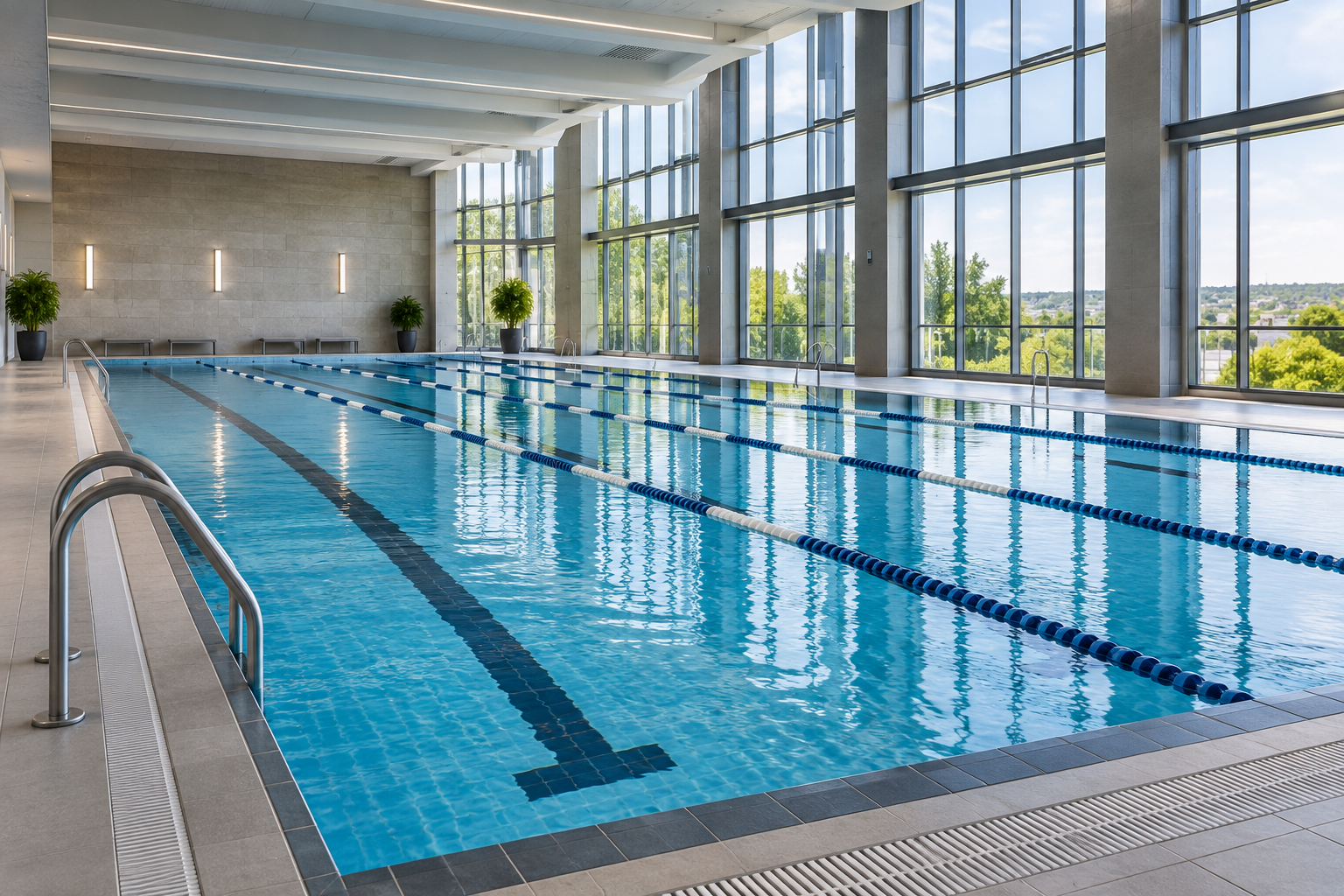 Illustrative indoor commercial swimming pool