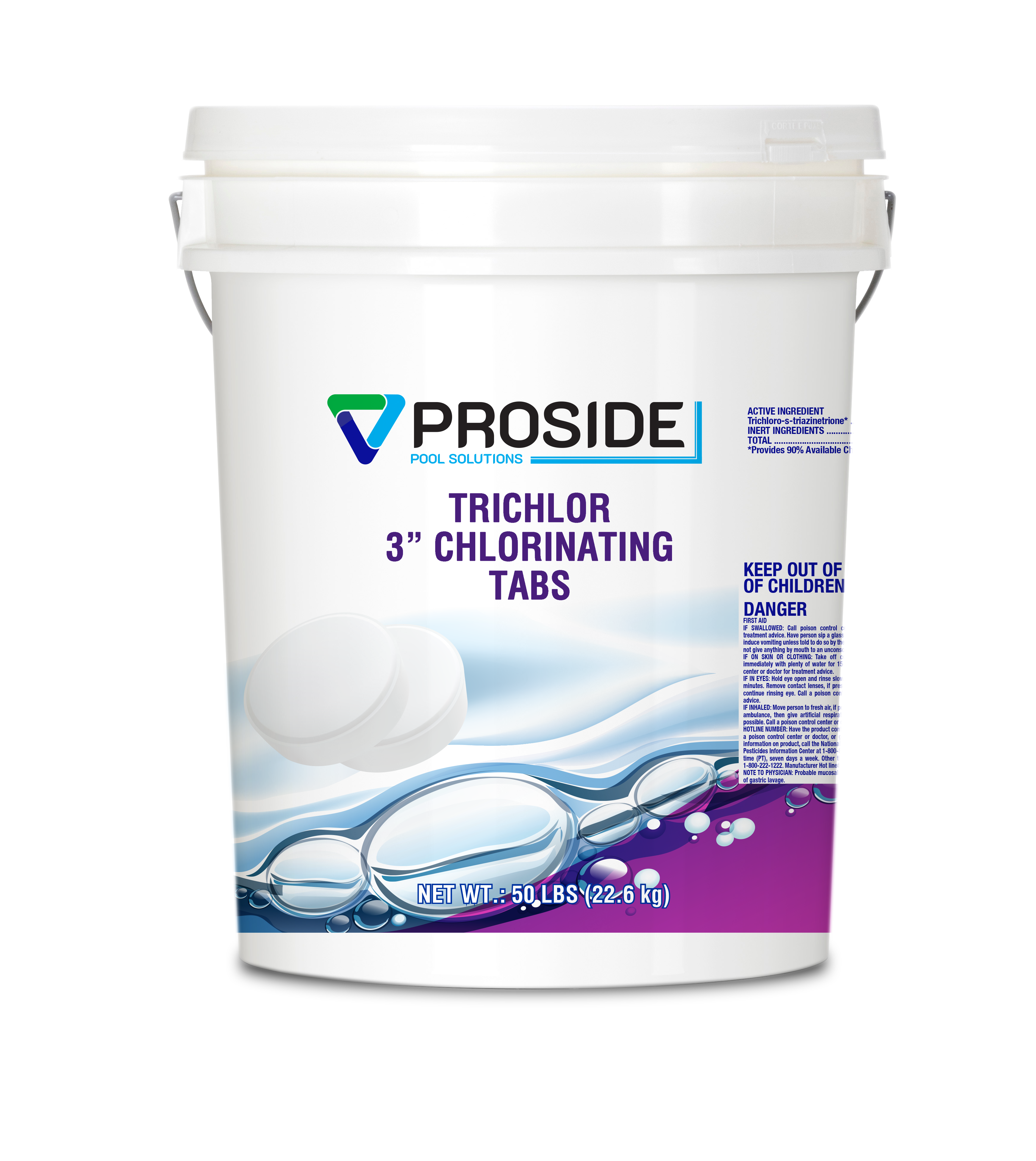 ProSide Trichlor 3-inch tablets 50 lb pail packaging illustration